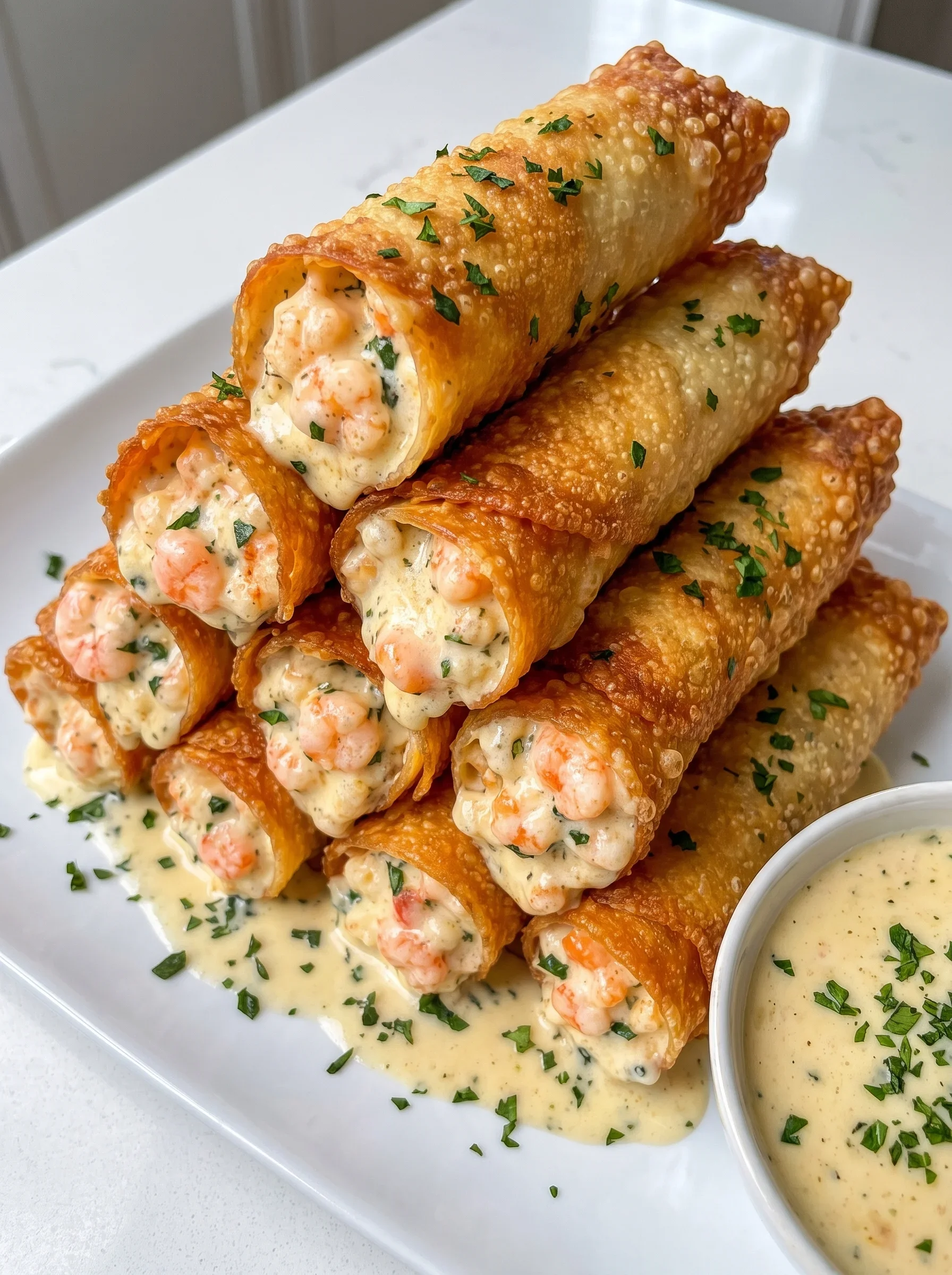 Stack of golden crispy shrimp Alfredo egg rolls with creamy filling on a white plate.