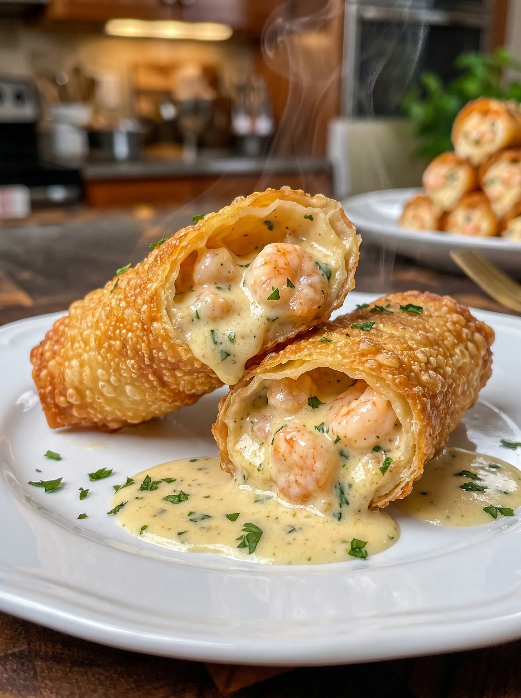 Golden crispy egg rolls filled with creamy shrimp Alfredo sauce, served on a white plate.
