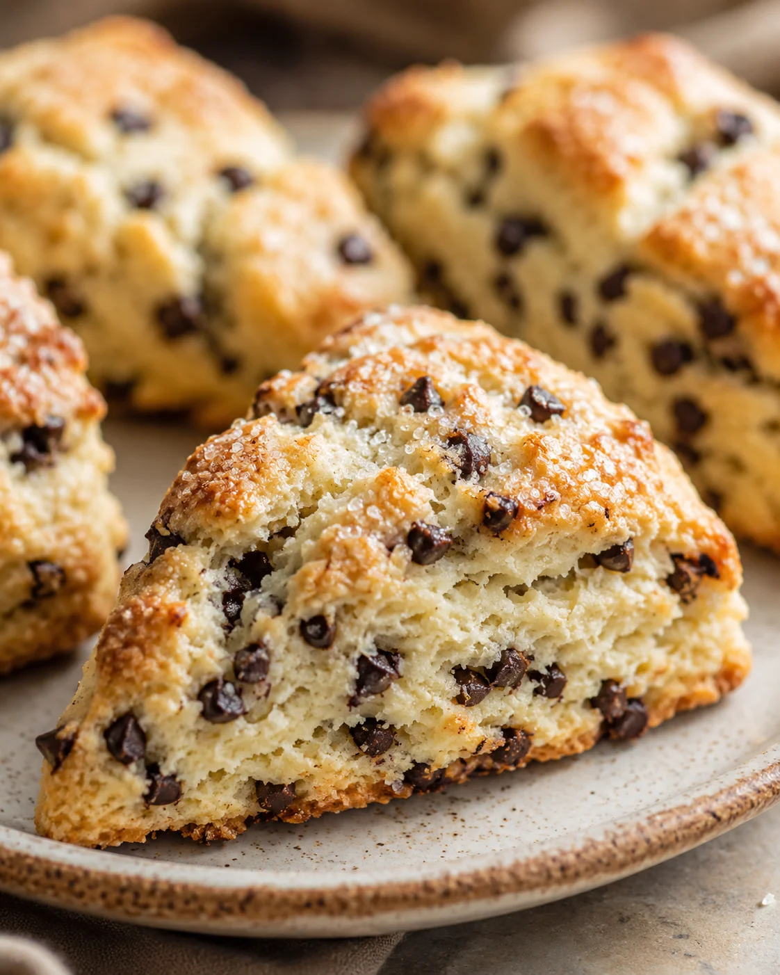 Close-up of tall, flaky chocolate chip buttermilk scones fresh from the oven.