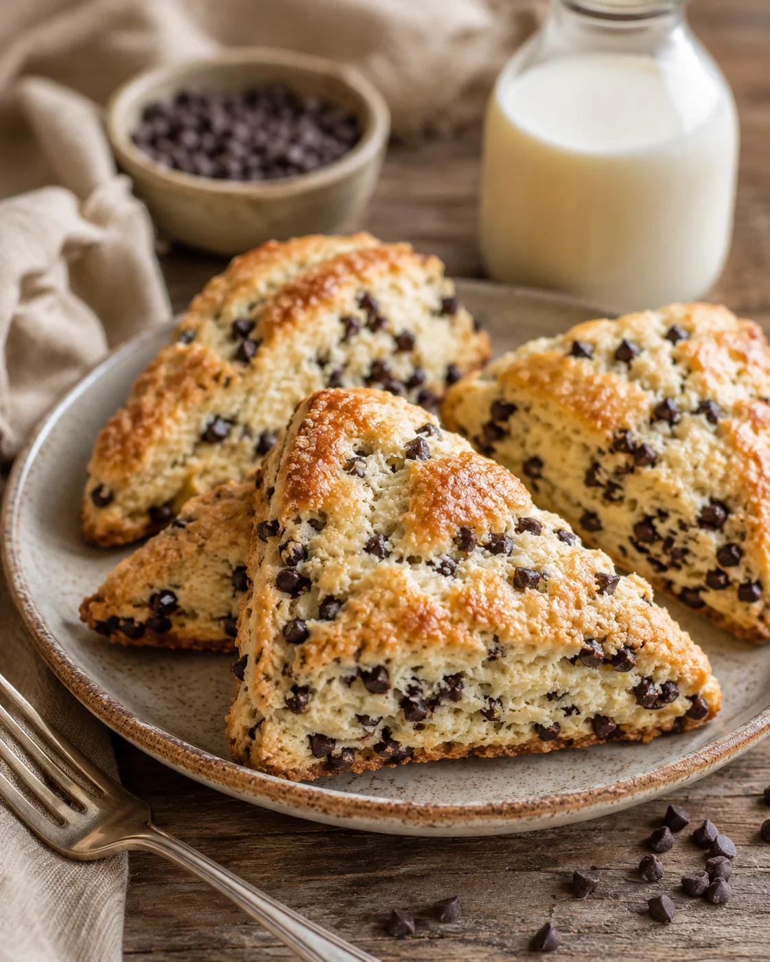 Freshly baked tall, flaky chocolate chip buttermilk scones on a ceramic plate.