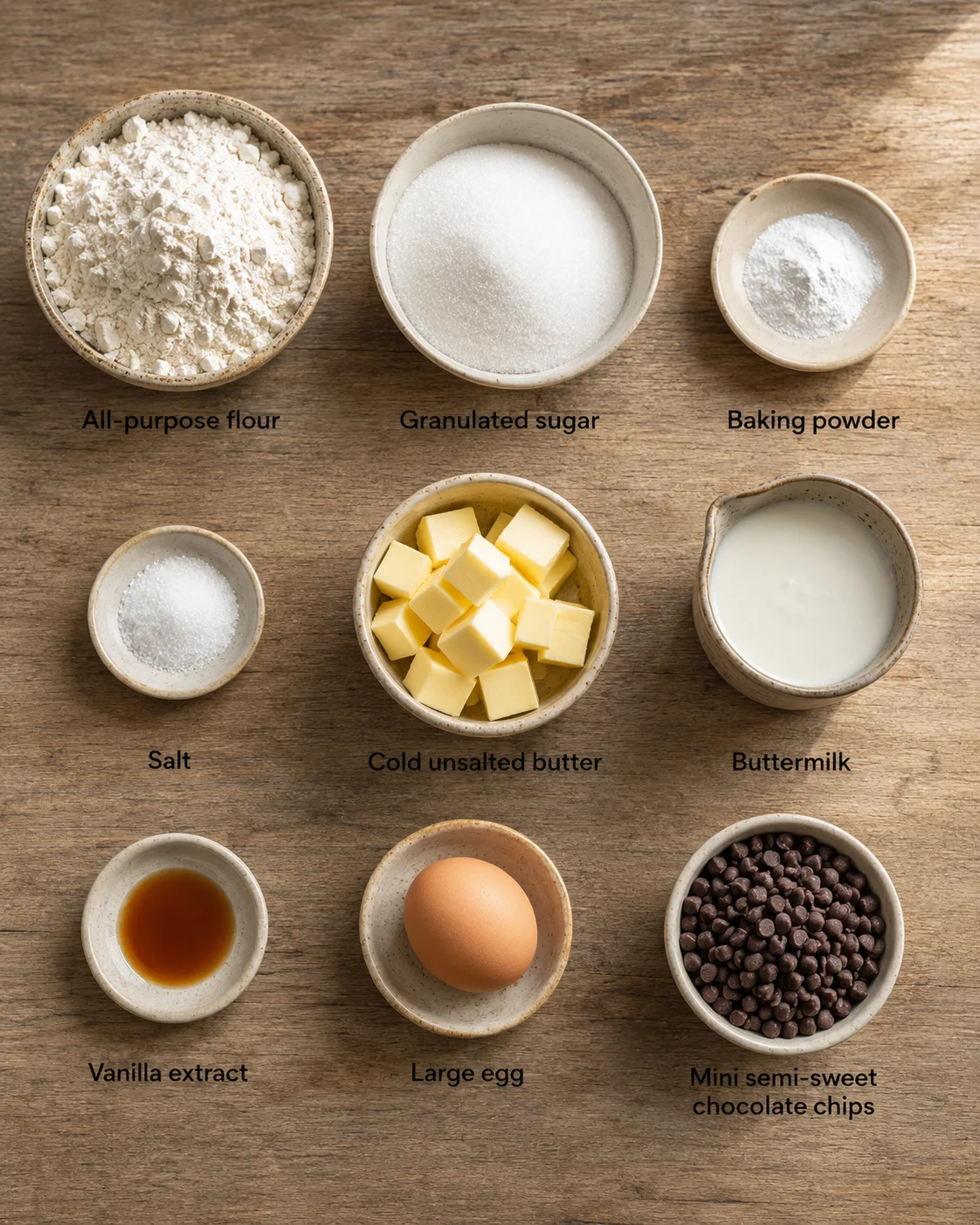 Measured ingredients arranged for Chocolate Chip Buttermilk Scones: 2 ¼ cups (270g) all purpose flour, ½ cup (99g) granulated sugar, 1 Tbsp baking powder, ½ tsp salt, ½ cup (113g) cold unsalted butter, cubed, ½ cup (118m