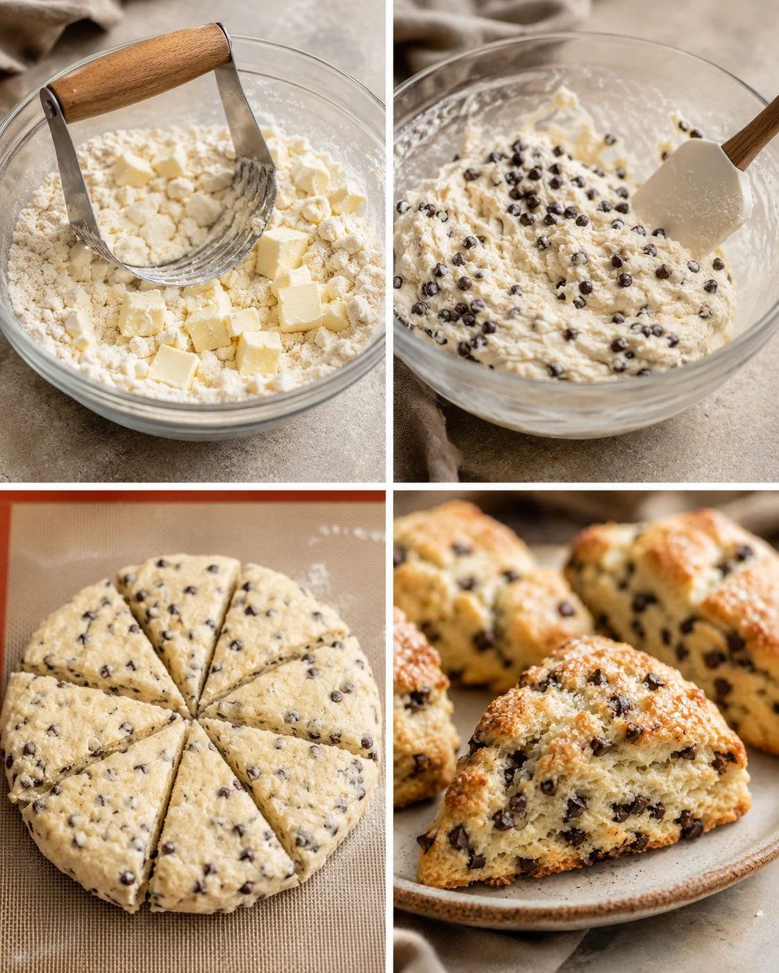 Step-by-step photos of making tall, flaky chocolate chip scones from scratch.