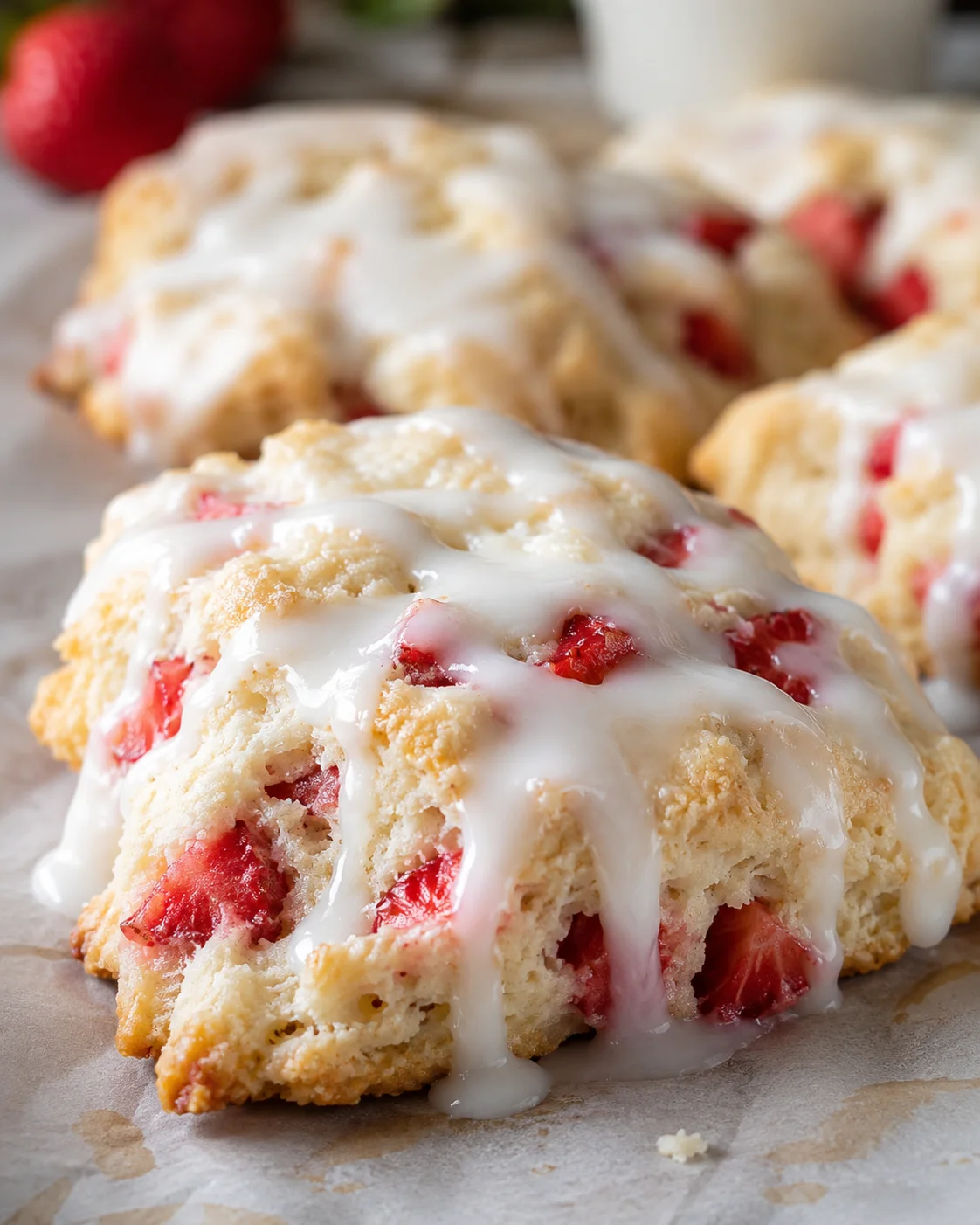Freshly baked strawberry scones topped with glaze and pieces of strawberries.