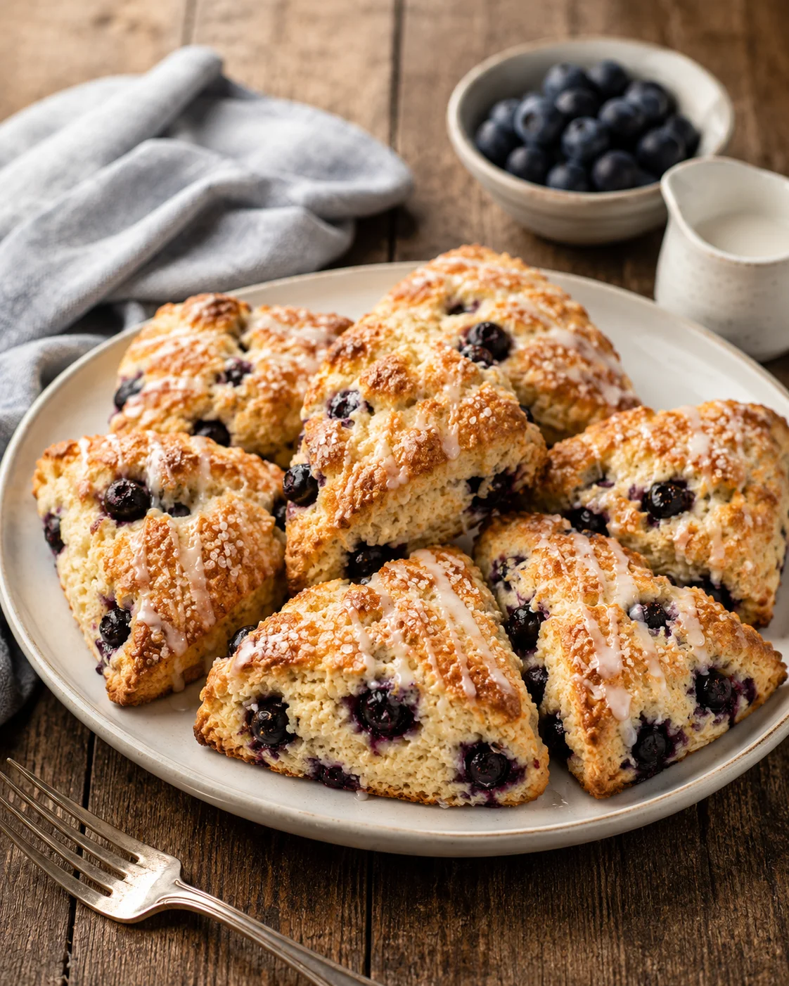 Delicious blueberry scones with blueberries and glaze on a rustic plate