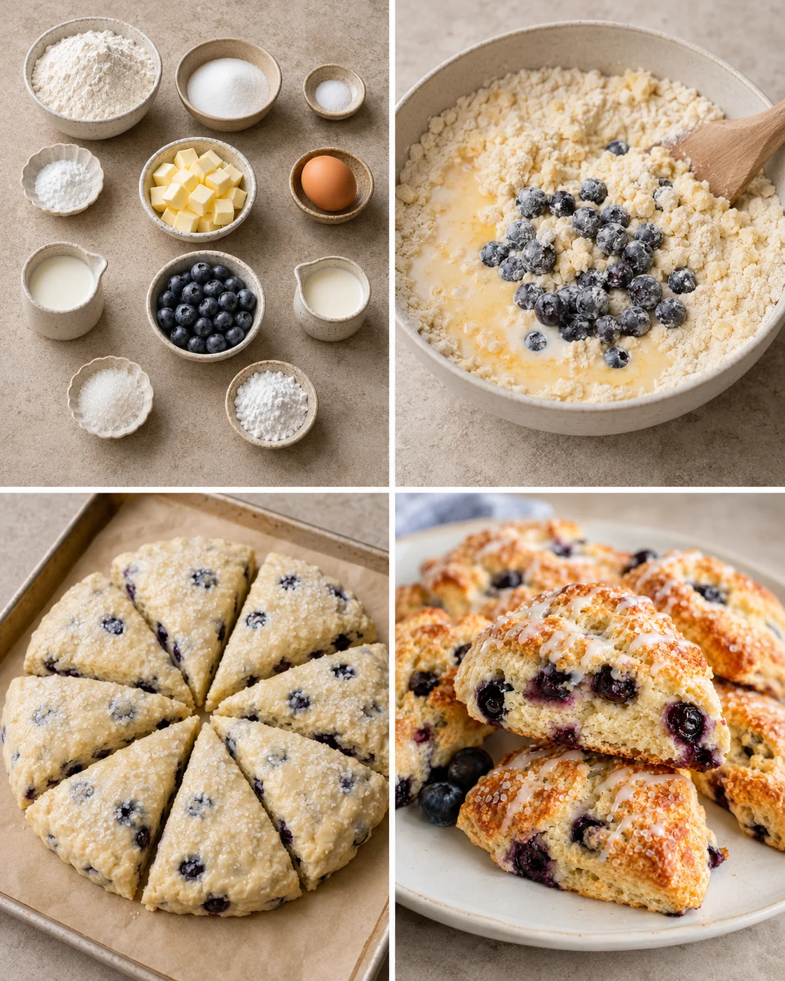 Step-by-step photos of making blueberry scones with ingredients, mixing, shaping, and baked scones.
