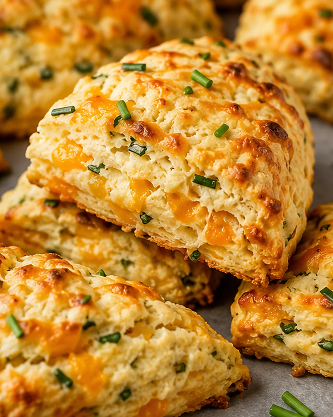 Close-up of flaky, buttery cheddar chive scones with melted cheese and fresh chives.
