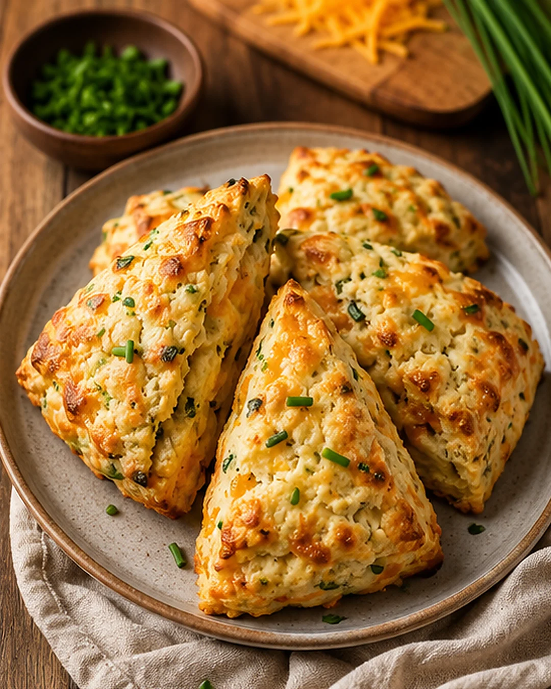Golden, flaky cheddar chive scones on a plate with herbs and cheese in background