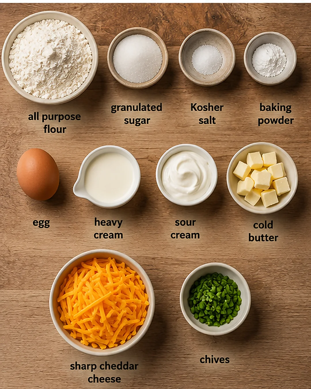 Ingredients for savory cheddar chive scones arranged on a wooden surface.