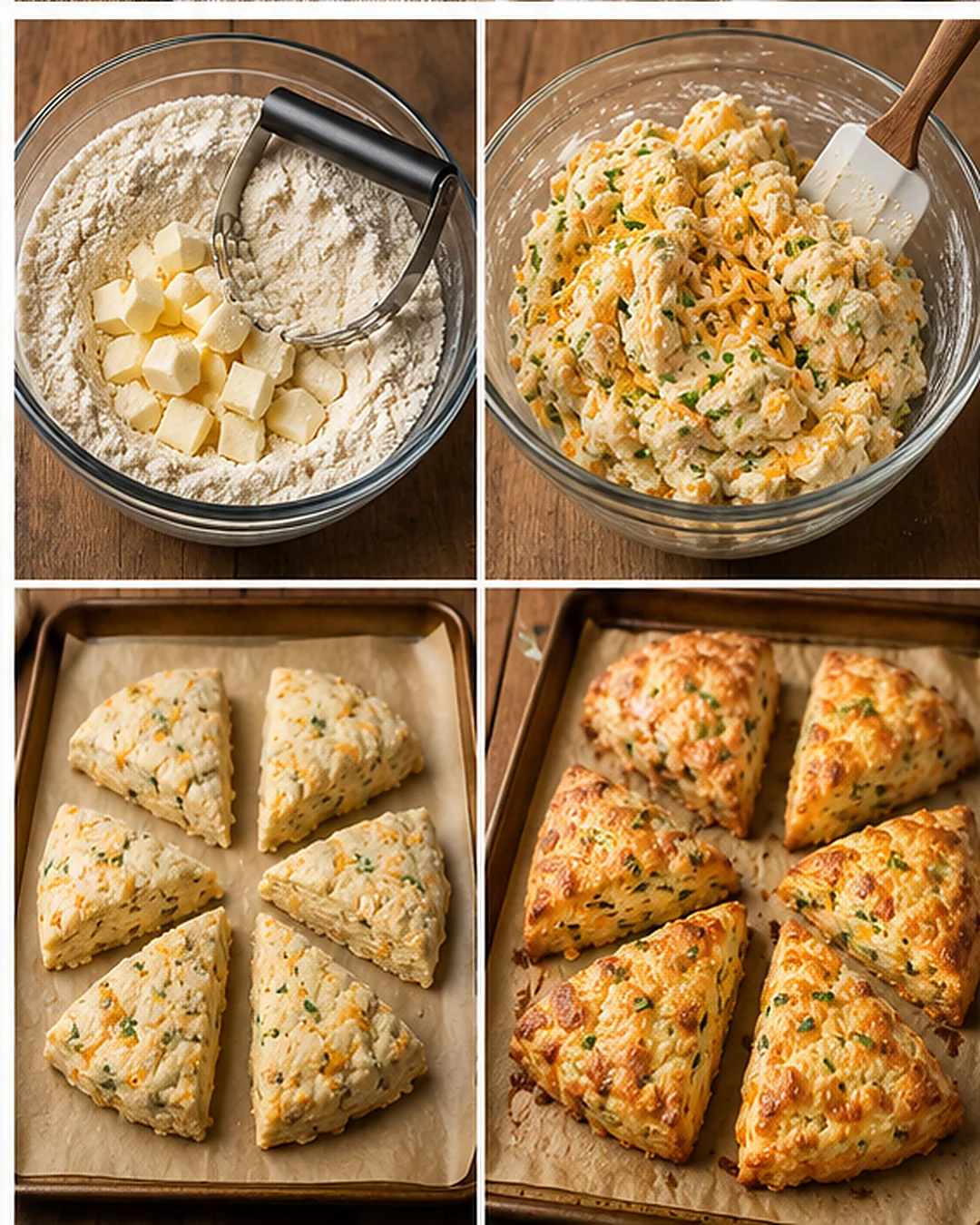 Freshly baked cheddar chive scones on a baking sheet, golden and flaky.