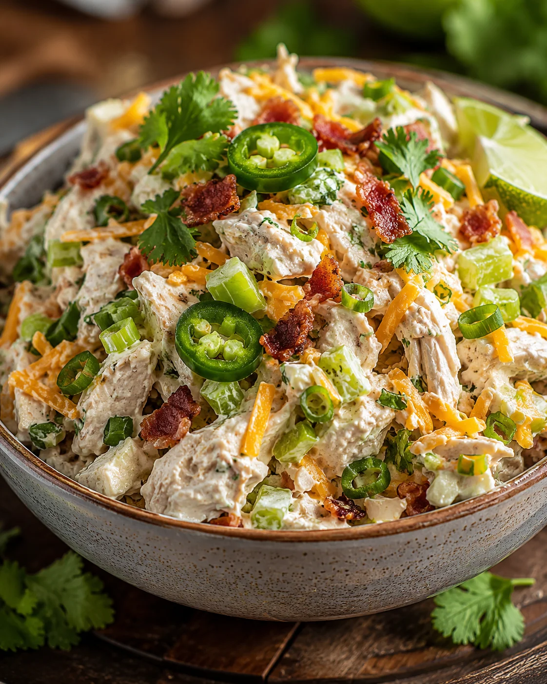 Delicious keto chicken salad with jalapenos, bacon, cheese, and fresh herbs.