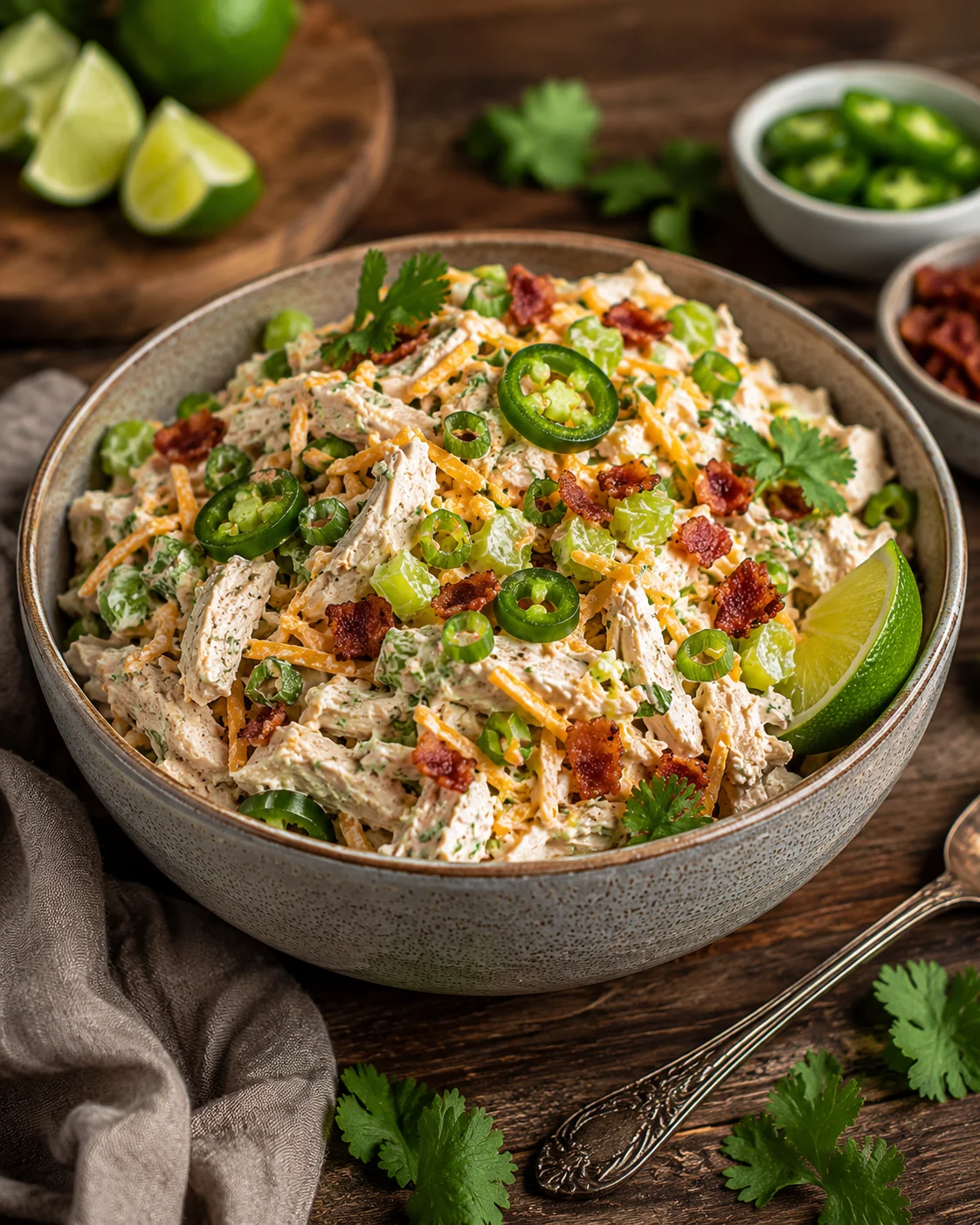 Refreshing keto chicken salad with jalapeños, cottage cheese, and cilantro lime dressing.