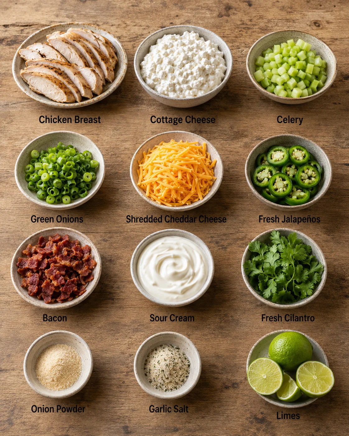 Colorful bowls of shredded chicken, cottage cheese, chopped celery, and jalapeños.