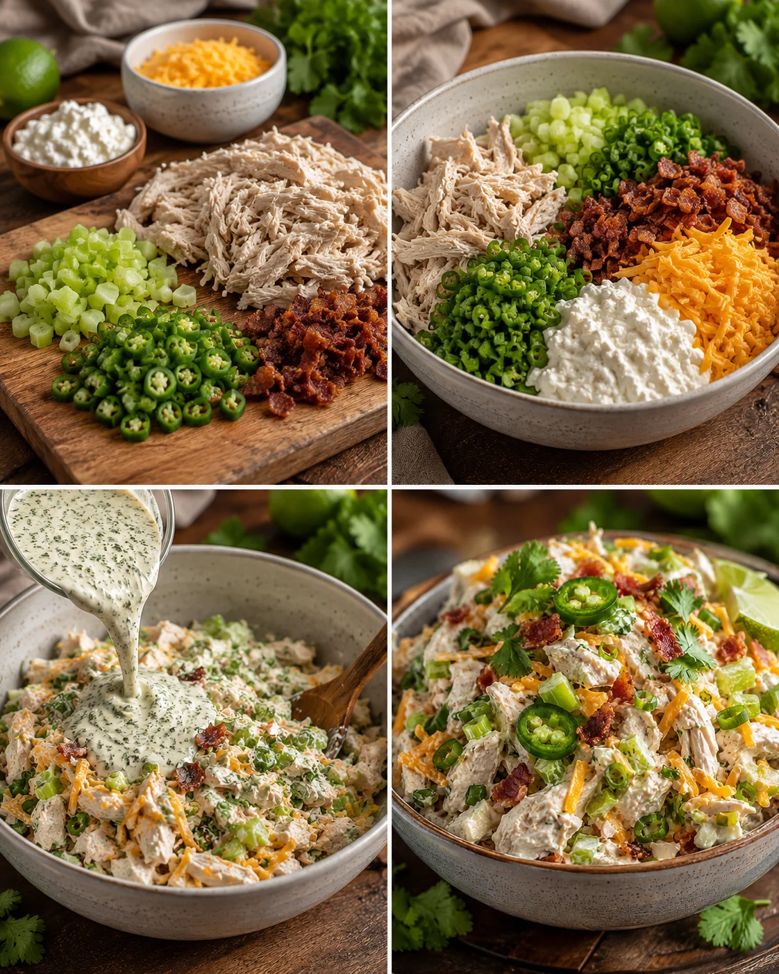Freshly prepared keto jalapeno popper chicken salad with ingredients displayed.