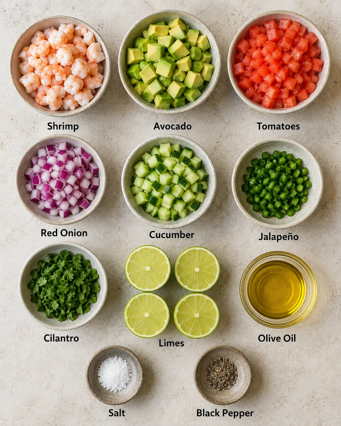 Top-down view of bowls with shrimp, avocado, tomatoes, onions, cucumber, jalapeño, cilantro, limes, olive oil, salt, and pepper.