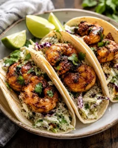 three soft tortillas filled with charred shrimp and creamy cabbage slaw, lime wedges on a plate.