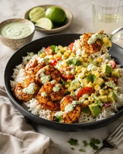 bowl of rice topped with grilled shrimp, corn, avocado, tomatoes, and cilantro-lime sauce.