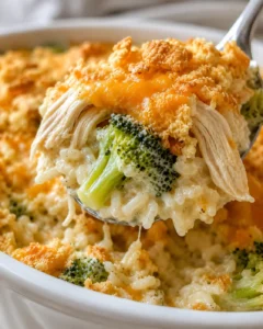 creamy broccoli chicken casserole on a spoon with melted cheese and crumb topping