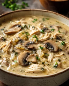 Close-up of creamy rotisserie chicken mushroom soup with herbs in a bowl