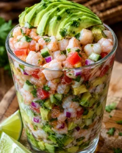 Tall glass of shrimp avocado salad with diced cucumber, tomato, onion, and cilantro, topped with avocado slices.