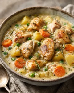 Creamy slow cooker white wine chicken stew with vegetables and herbs in a bowl