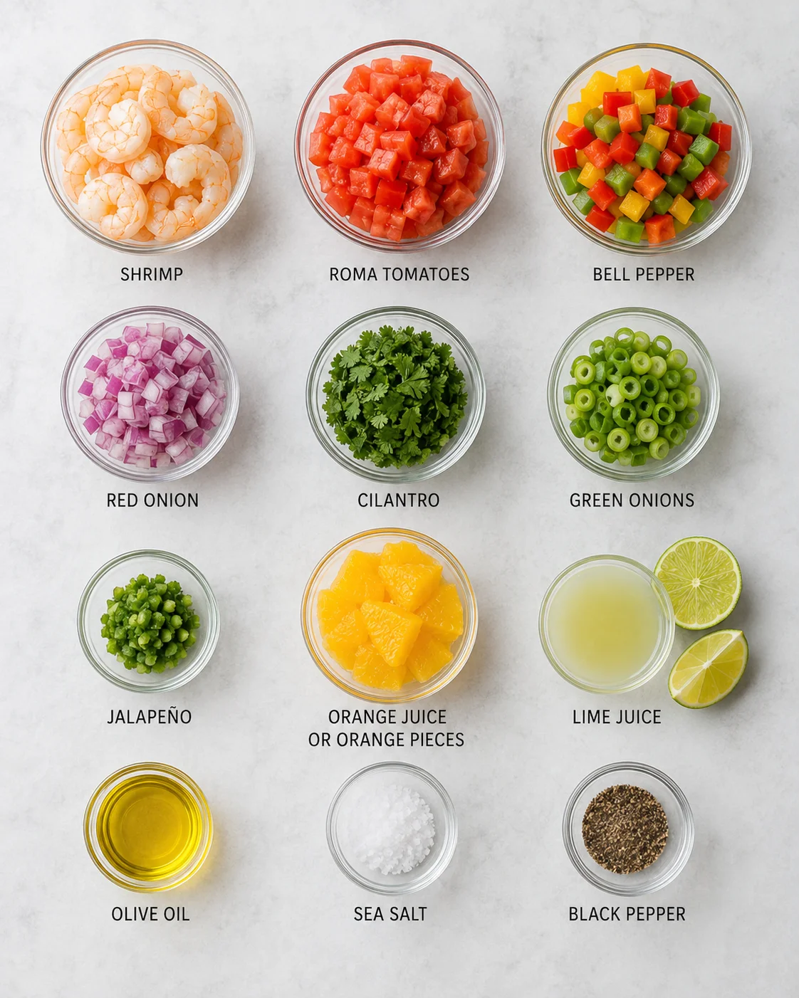 Top-down arrangement of bowls with shrimp, tomatoes, bell peppers, onion, cilantro, orange and lime juice