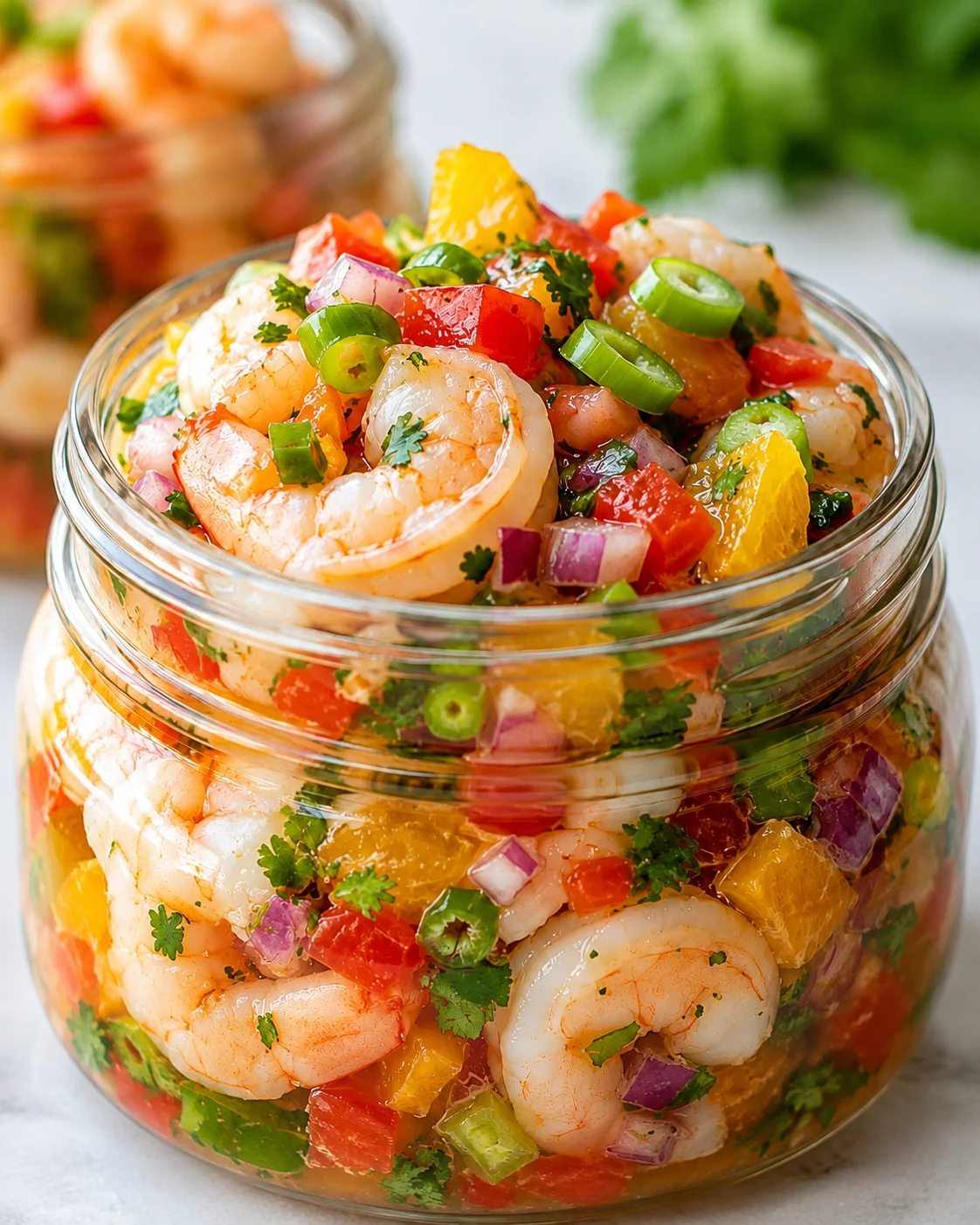 Jar of chilled citrus shrimp with orange, bell pepper, red onion and cilantro