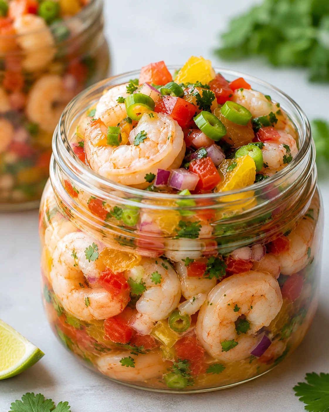 Side view of a mason jar filled with chilled citrus shrimp, visible lime wedge and cilantro