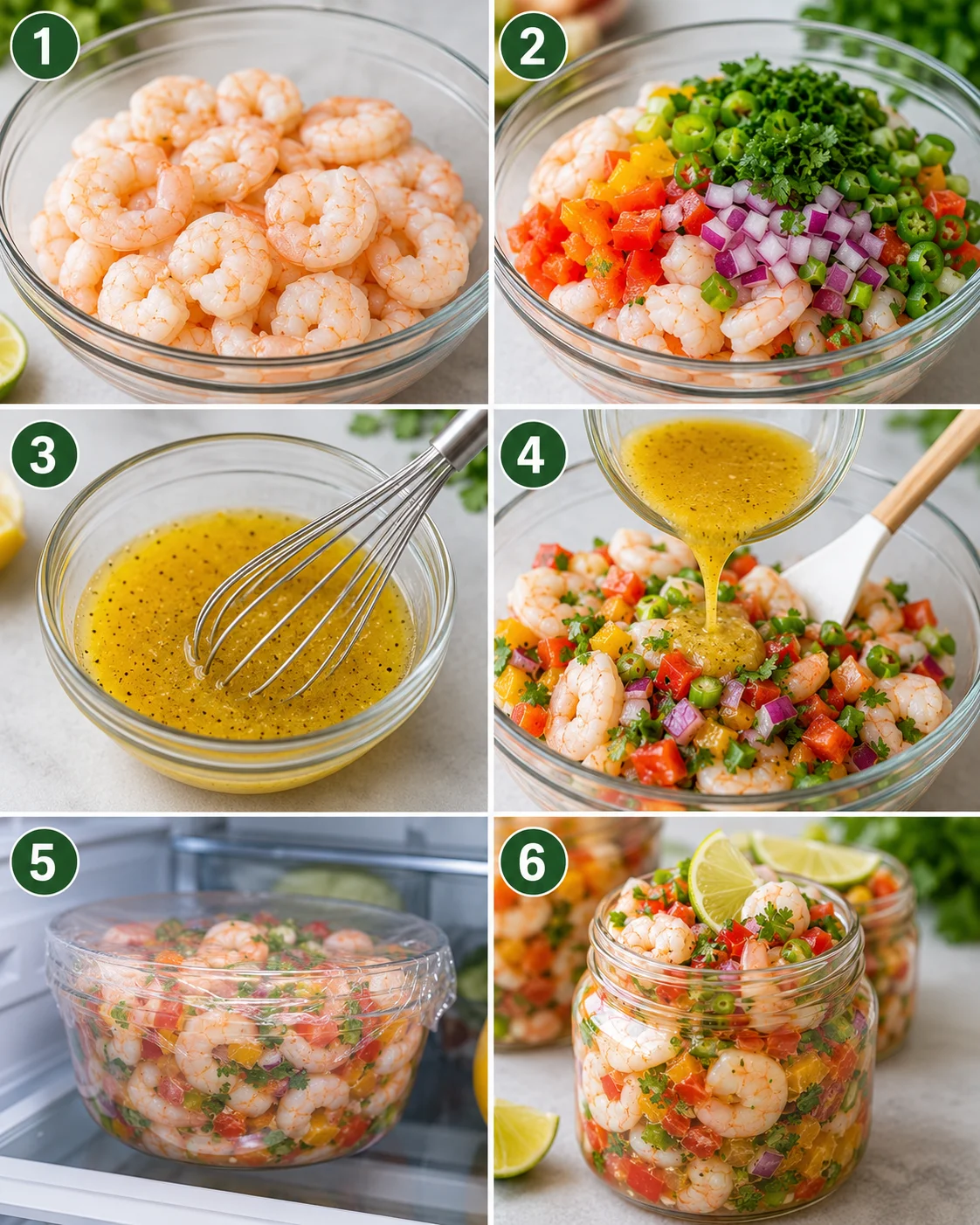 Six-panel collage showing steps to assemble chilled citrus shrimp jars from shrimp and chopped vegetables to dressing and refrigeration