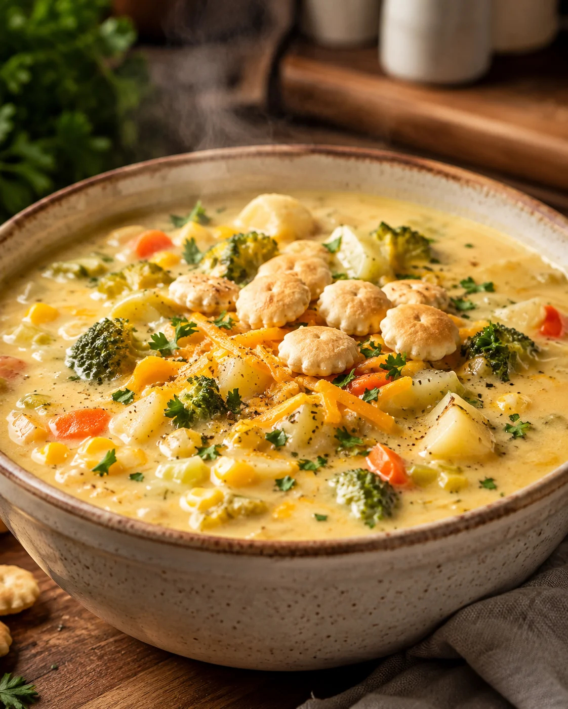 A bowl of creamy vegetable soup garnished with parsley and shredded cheese.