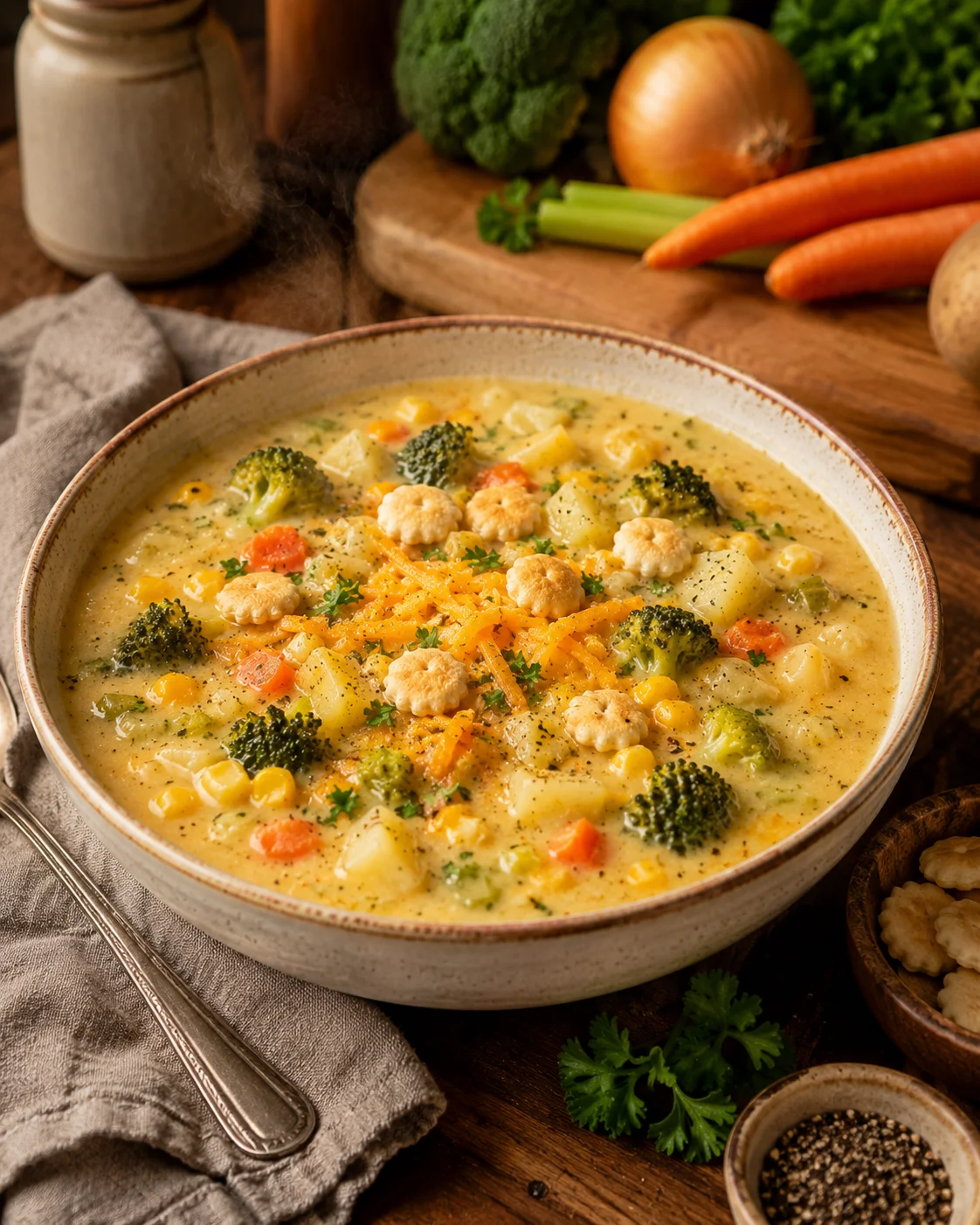 A hearty bowl of creamy vegetable soup with broccoli and cheese garnishes.