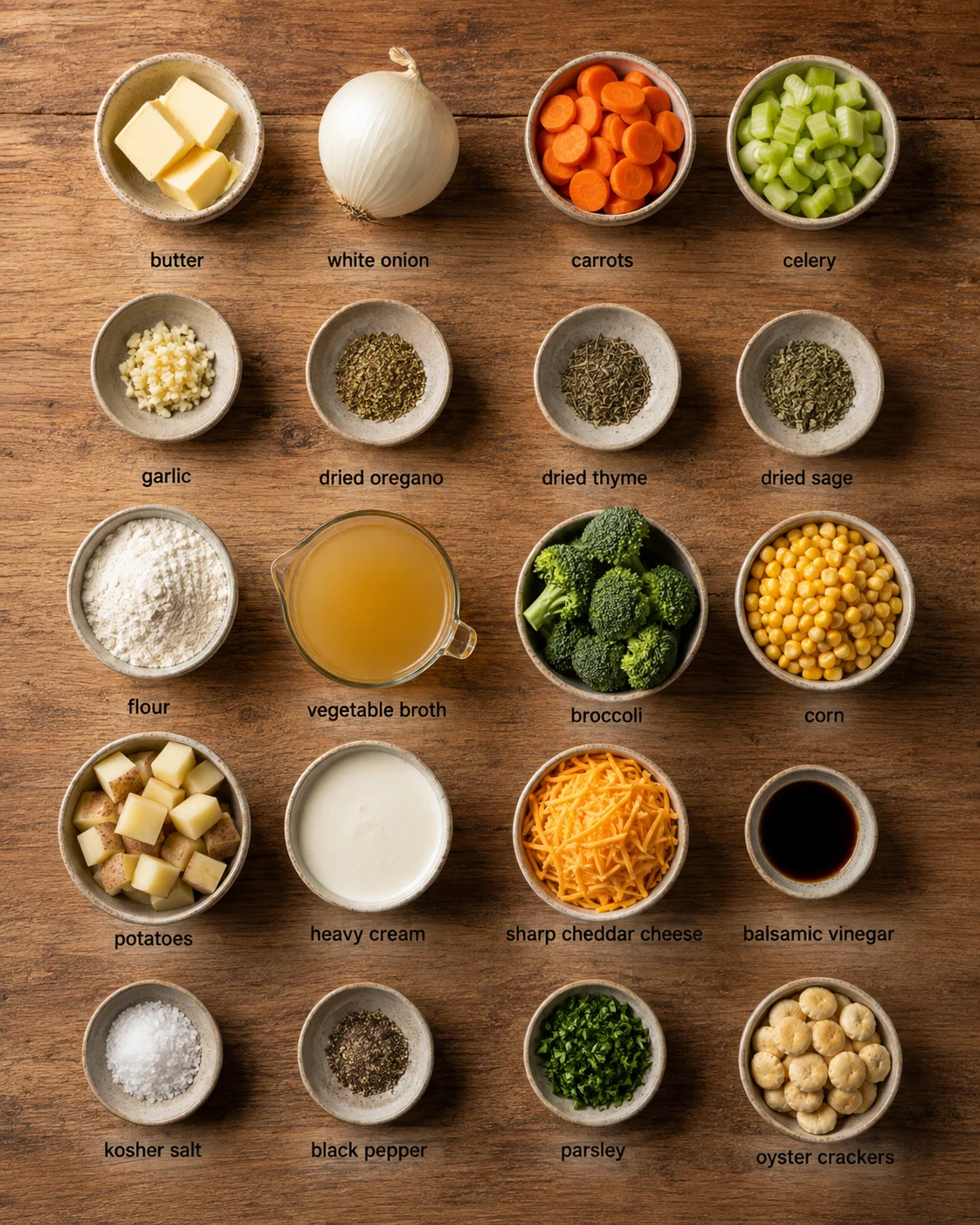 Assorted fresh vegetables, herbs, and dairy ingredients arranged on wooden surface.