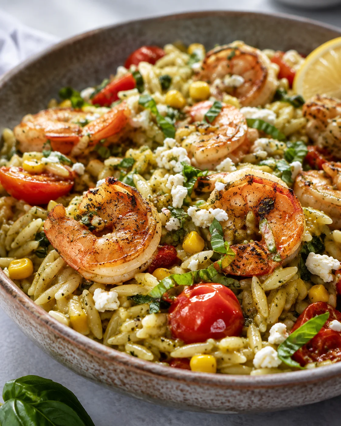 rustic skillet shrimp pasta with feta, cherry tomatoes, corn, and basil