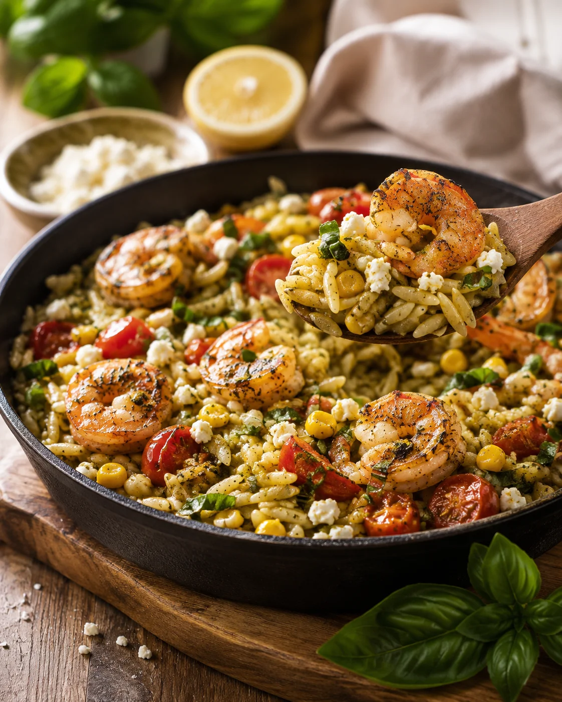 creamy shrimp pasta with cherry tomatoes, corn, feta, and herbs in a skillet