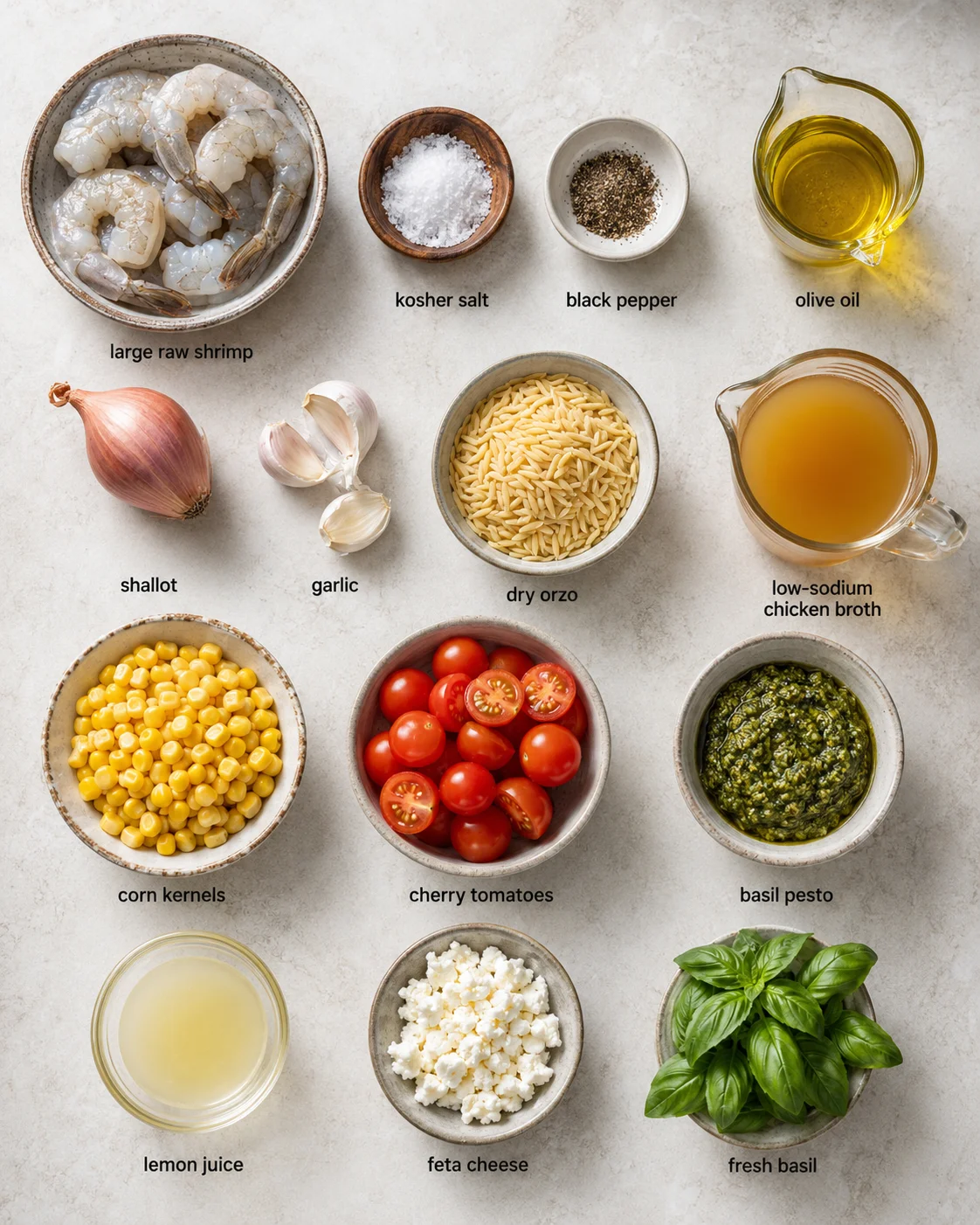 Overhead view of arranged pasta ingredients on a light surface, including shrimp, orzo, tomatoes, and basil.