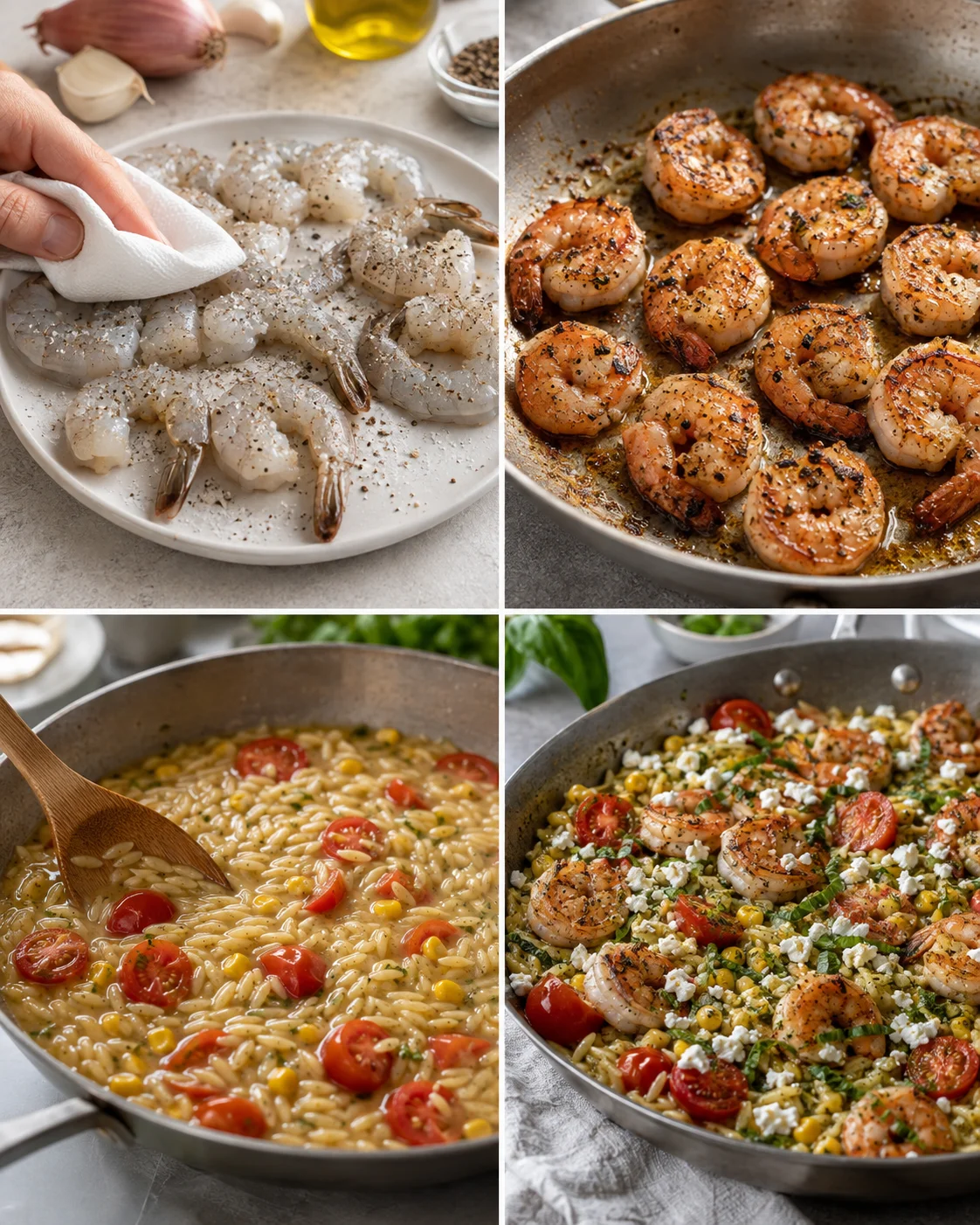 A four-panel collage showing raw shrimp being seasoned, sautéed shrimp in a skillet, creamy corn-tomato orzo, and shrimp-topped pasta.