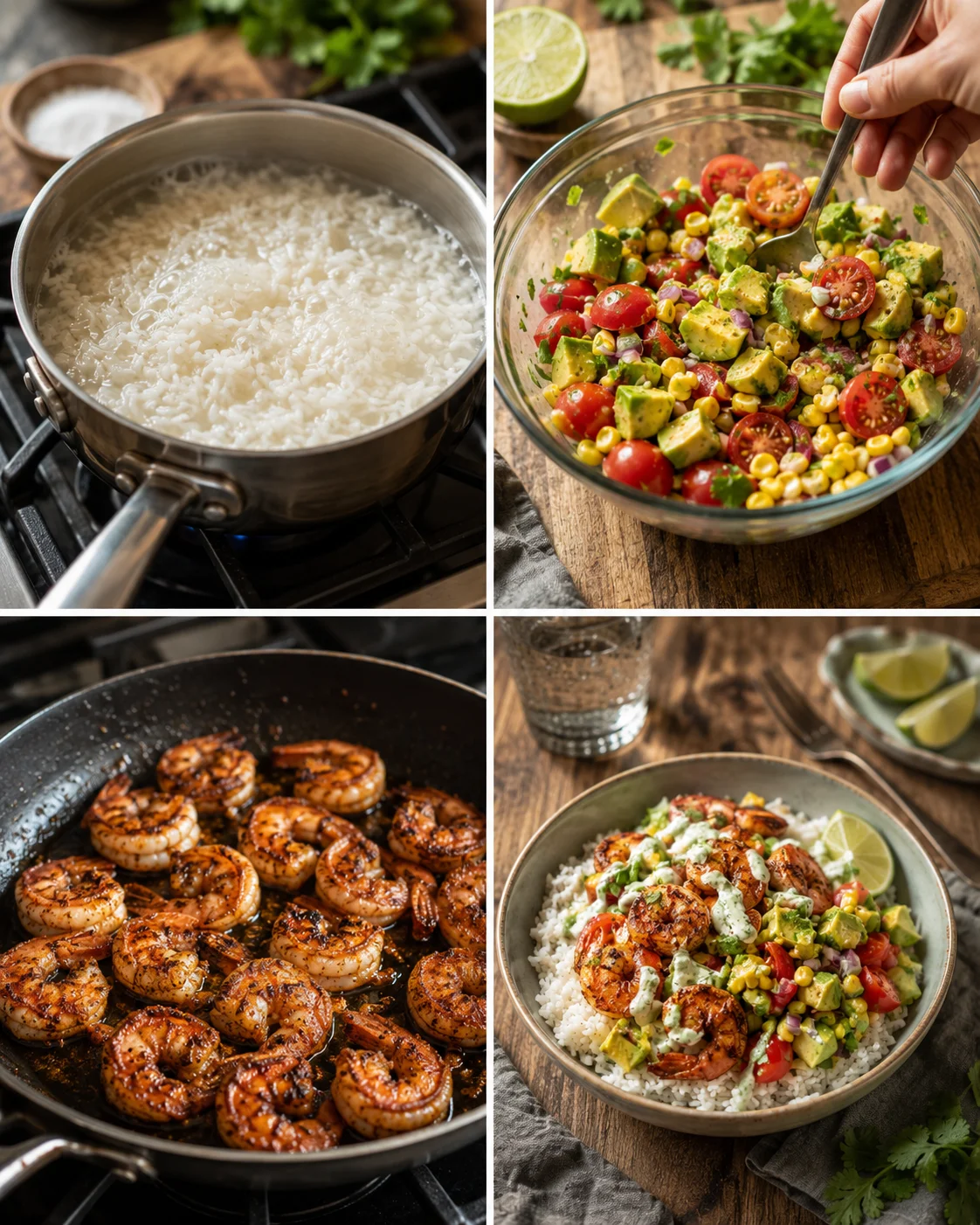 collage showing rice boiling, avocado-tomato-corn salad, seared shrimp, and a plated shrimp-rice bowl.