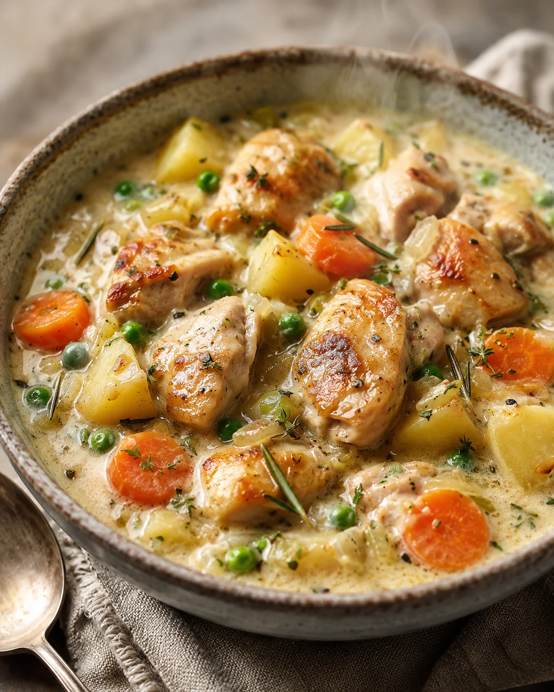 White Wine Chicken Stew Creamy white wine chicken stew with potatoes, carrots, and peas in a cozy bowl.
