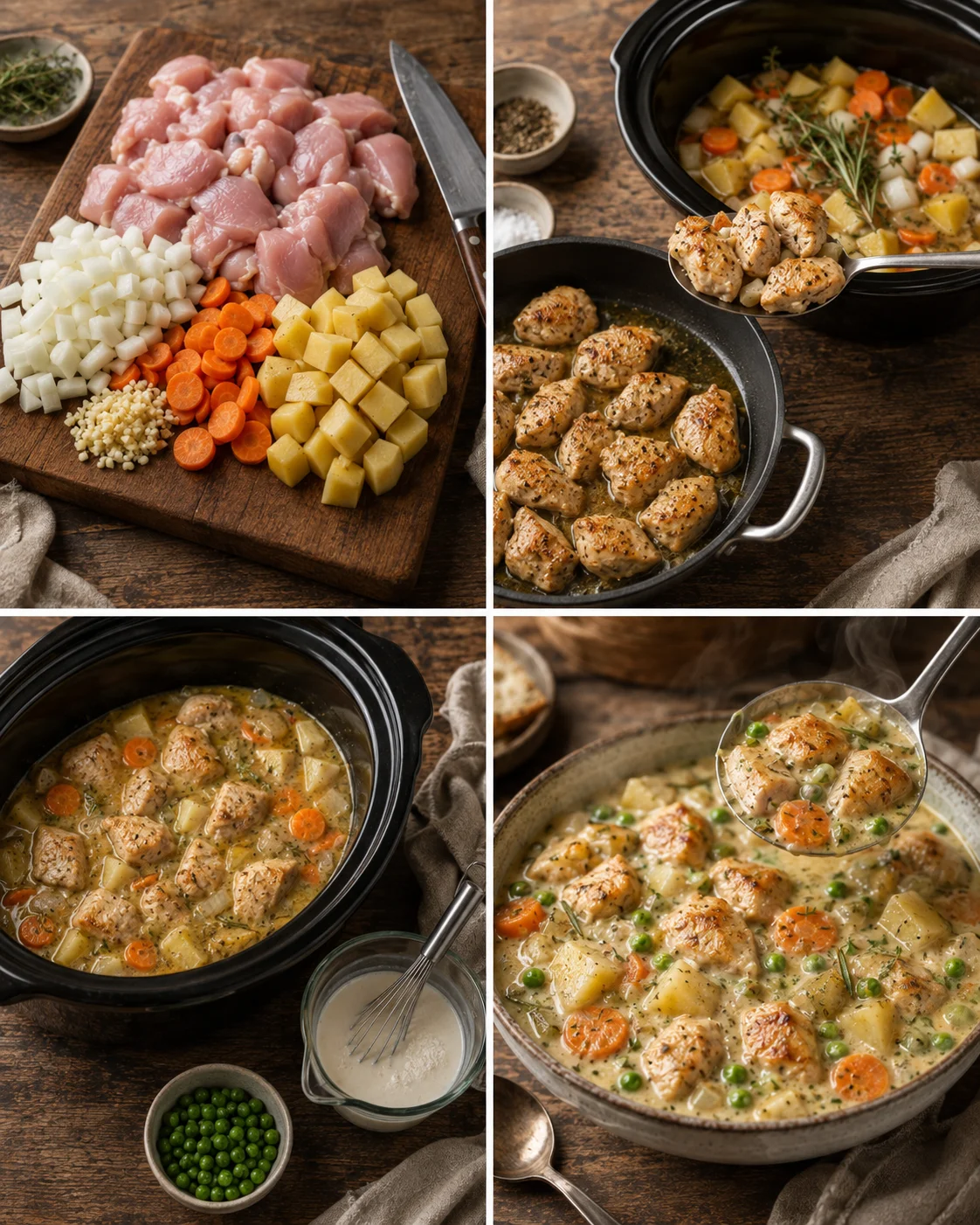 White Wine Chicken Stew Slices of chicken, vegetables, and herbs in a slow cooker for stew