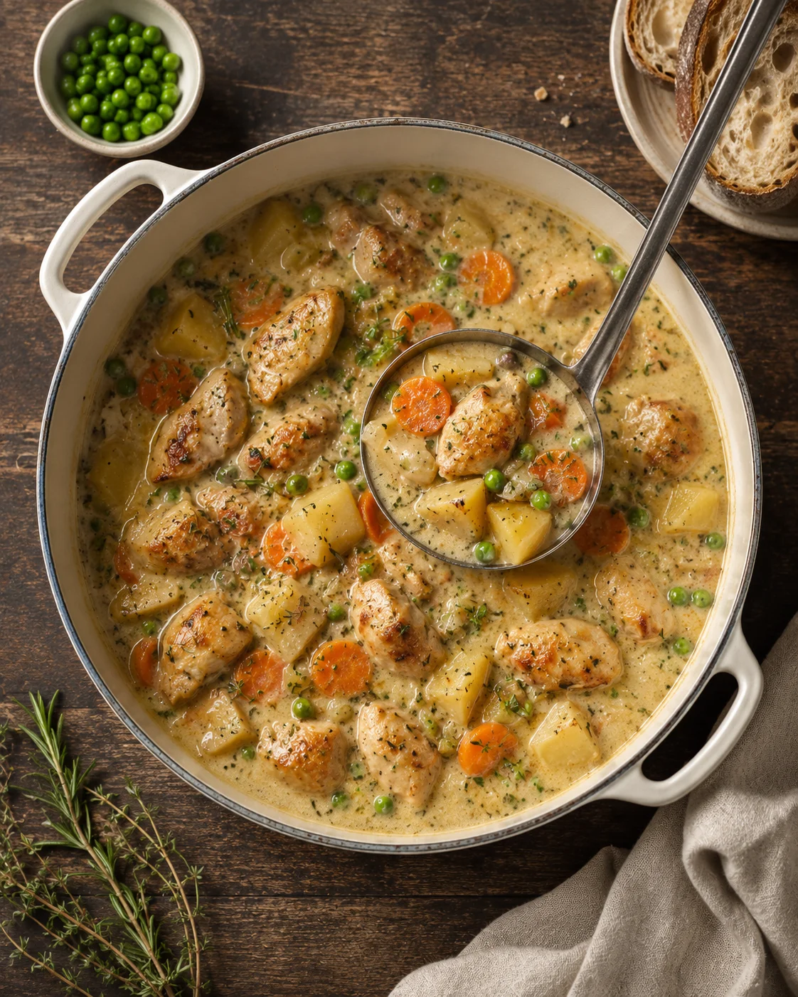 White Wine Chicken Stew A creamy, hearty slow cooker white wine chicken stew with vegetables and herbs in a pot
