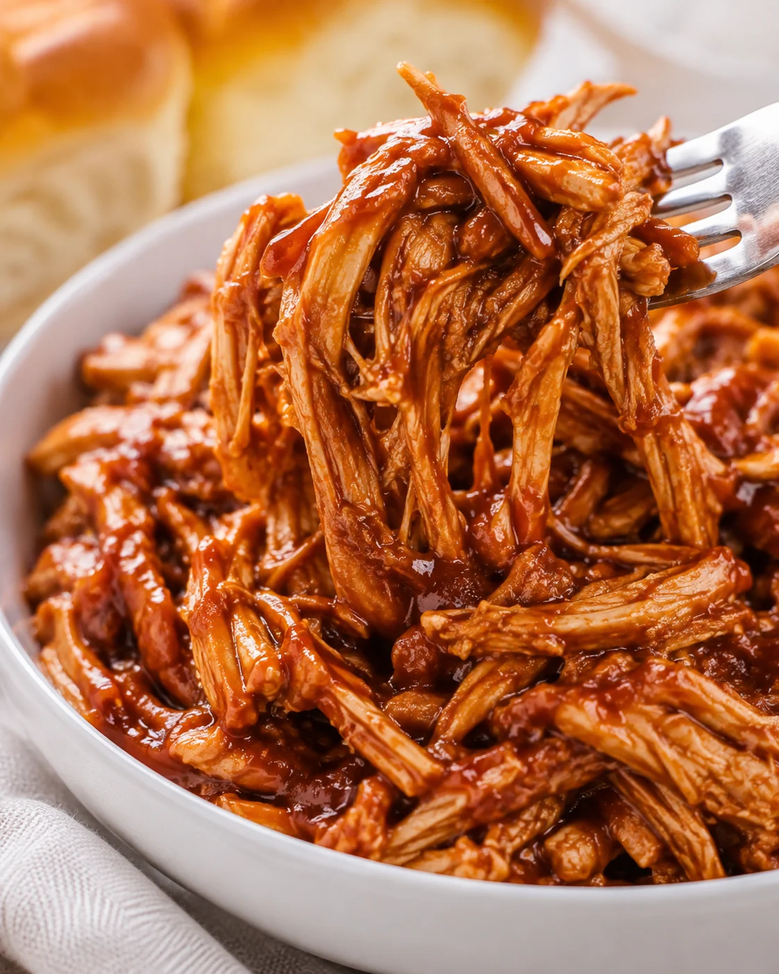 Close-up of glossy pulled pork in barbecue sauce lifted by a fork from a white bowl
