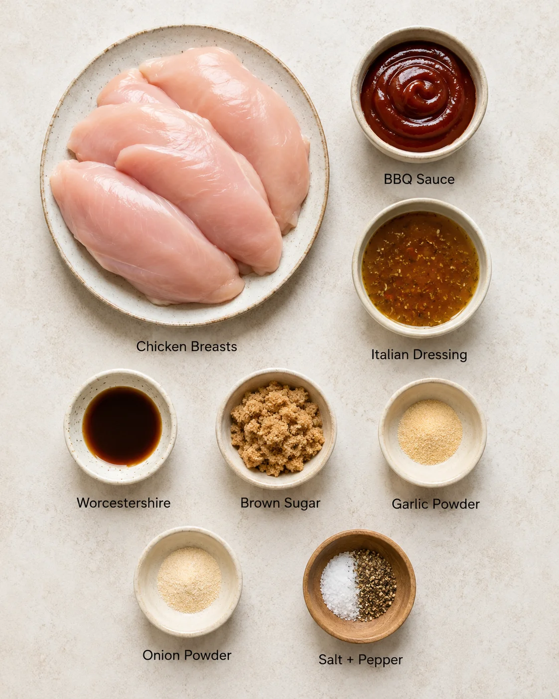 Raw chicken breasts with BBQ sauce, Italian dressing, and seasonings on a beige surface