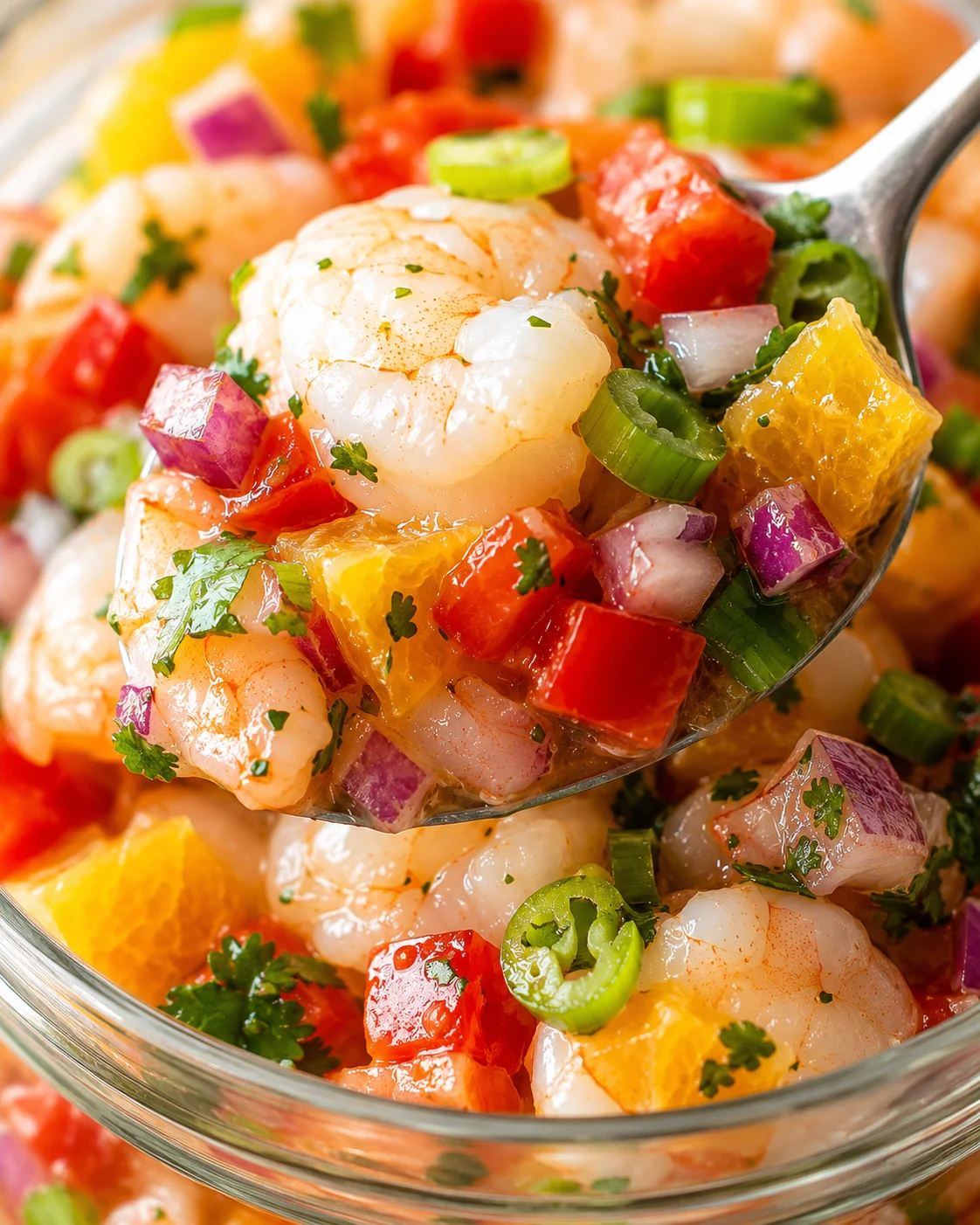 Spoon lifting a spoonful of chilled citrus shrimp with orange, red onion and jalapeño